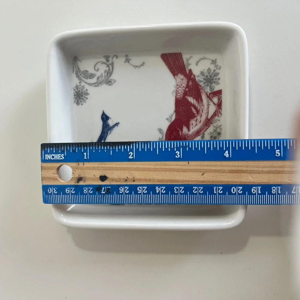 Charming Bird Floral Square Trinket Dish‎ Decor Ceramic Red Blue Gray White